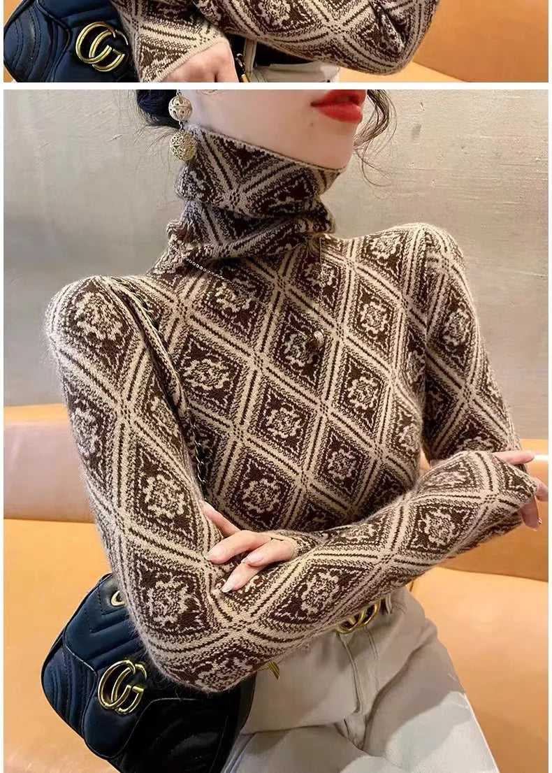 Frauen Kleidung Mode Rollkragen Argyle Stricken Pullover Herbst Winter Elegante Chic Schlanke Langarm Pullover Büro Dame Y2K Top