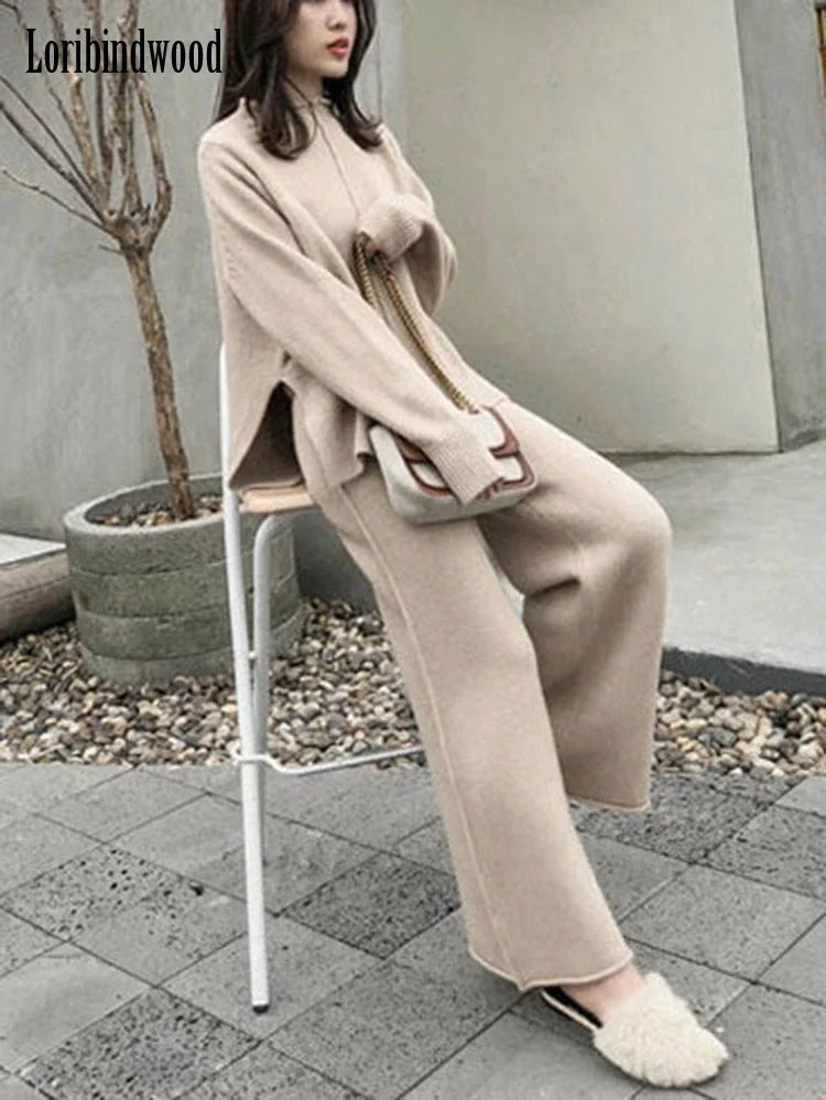 Loribindwood Gestrickte Pullover Breite Bein Hosen Anzug für Frauen Herbst/winter 2022, Neue Koreanische Lose Mode Zwei-stück Set