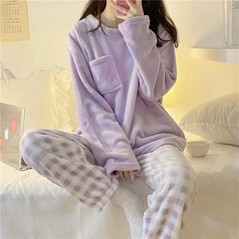 Fleece-Pyjama-Set für Damen, dick, warm, Winter-Nachtwäsche, lässig, solides Oberteil und karierte Hose, weiches Pyjama-Set für Damen, Heimanzug