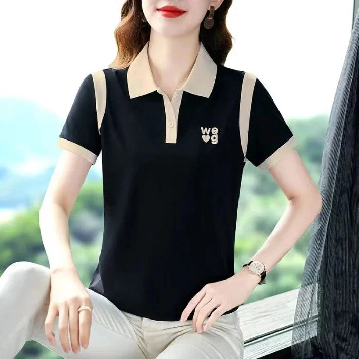 Sporty Short Sleeve Polo Shirt for Women Summer Fashionable Hong Kong Style Top Slim Fit Mixed Fabric Trendy T-Shirt
