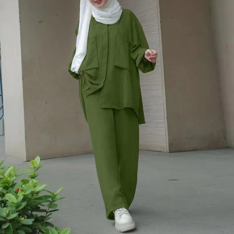 Frauen Casual Muslimischen Anzug Solide Abaya Eid Ramadan Langarm Bluse + Hosen 2-teiliges Set Dubai Türkei Kaftan Frauen islamische Kleidung