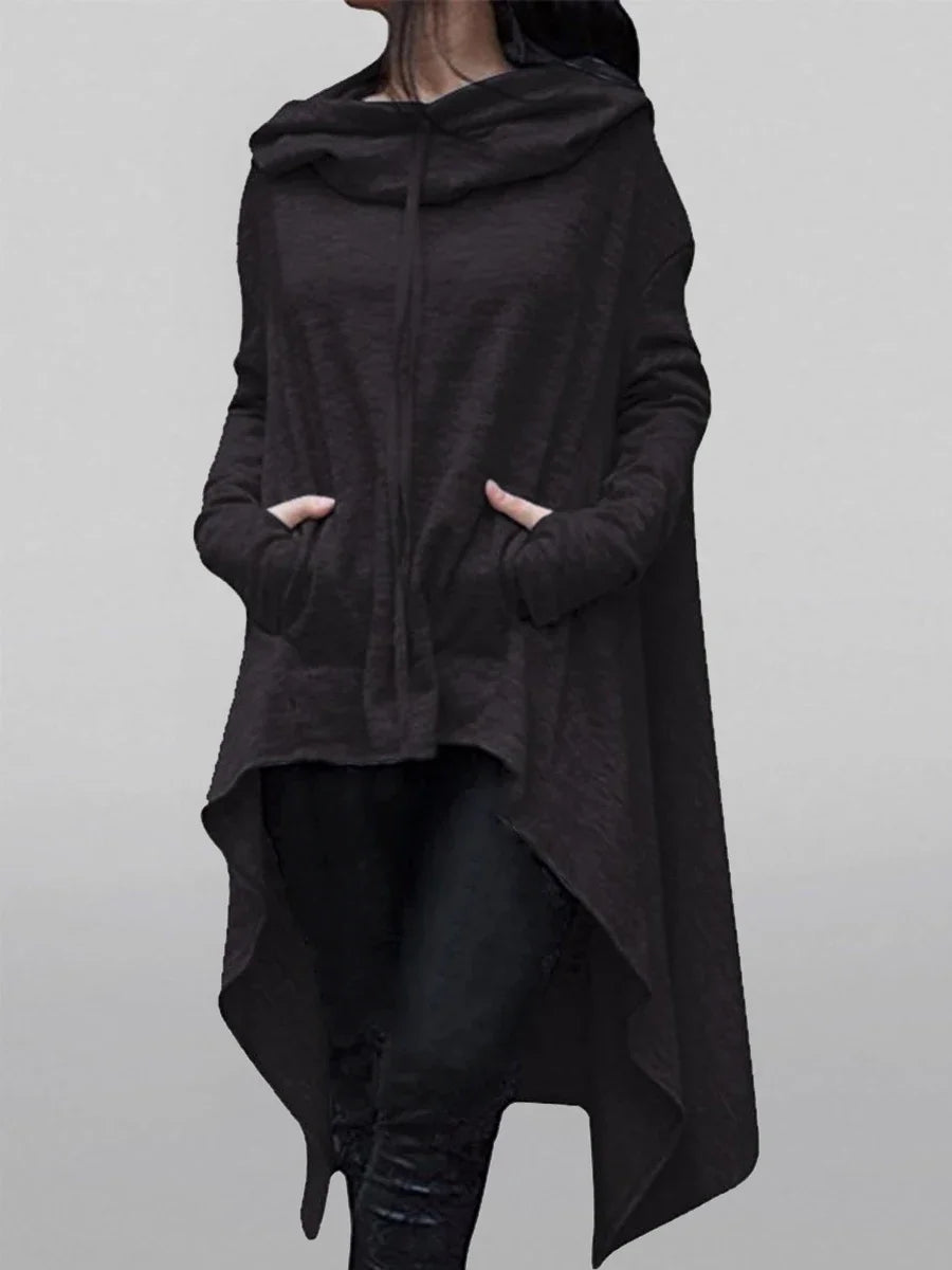 Damen-Kapuzenpullover in Übergröße mit Taschen, asymmetrischem Saum, klassisches Retro-Schwarz-Pullover-Sweatshirt, Frühling/Herbst, dunkelschwarzer Kapuzenpullover.