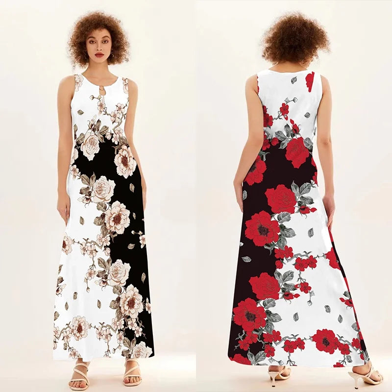 Blumendruck Neues lässiges ärmelloses langes Kleid Damen V-Ausschnitt bedrucktes Kleid Swing Bohemian Retro Kleider