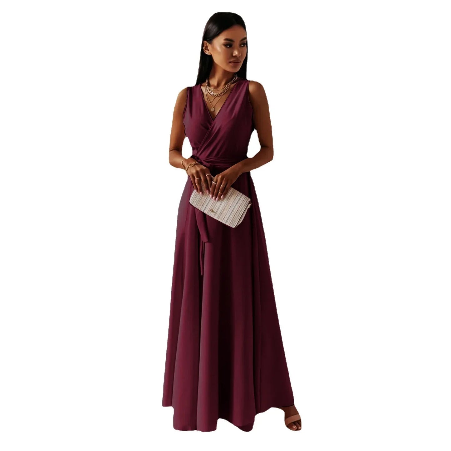 Frühling Sommer Neue Stil frauen Lange V-ausschnitt Kleid Reine Farbe Maxi Kleid Ärmelloses Empire-Taille Kleid für Damen Modische