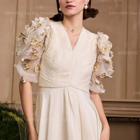 Klassisches Ballkleid mit V-Ausschnitt und halben Ärmeln, modische Applikationen, Tee-Länge, A-Linien-Kleid, Cocktailparty, Stern, roter Teppich, Damenkleid.