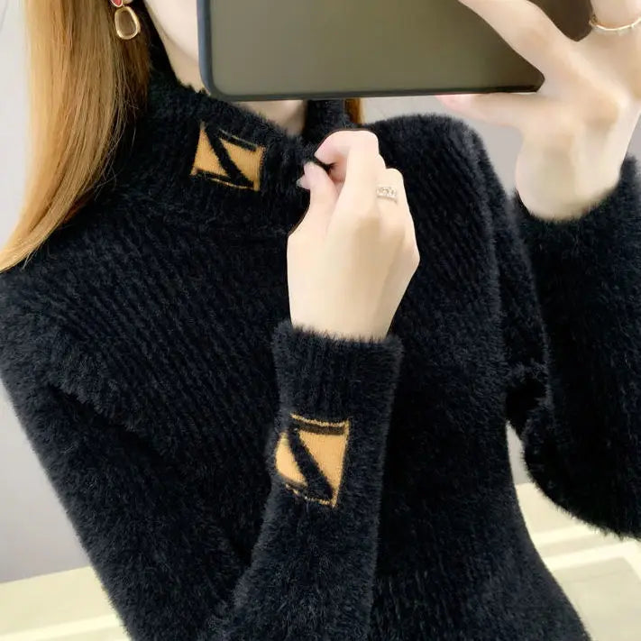 Hoher Kragen Pullover Pullover Frauen Nerz Brief Jacquard Unterlage Solide Western Stricken Unterwolle Herbst Winter Pullover Pullover