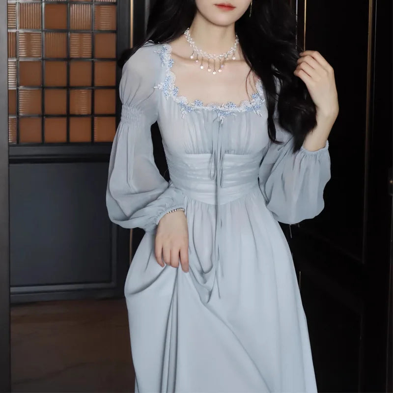 2024 Französisch elegante Prinzessin Abend party Midi Kleider für Frauen A-Linie schlanke Bandage Langarm Vestidos koreanische Frühlings kleidung
