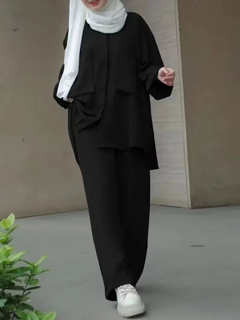 Frauen Casual Muslimischen Anzug Solide Abaya Eid Ramadan Langarm Bluse + Hosen 2-teiliges Set Dubai Türkei Kaftan Frauen islamische Kleidung