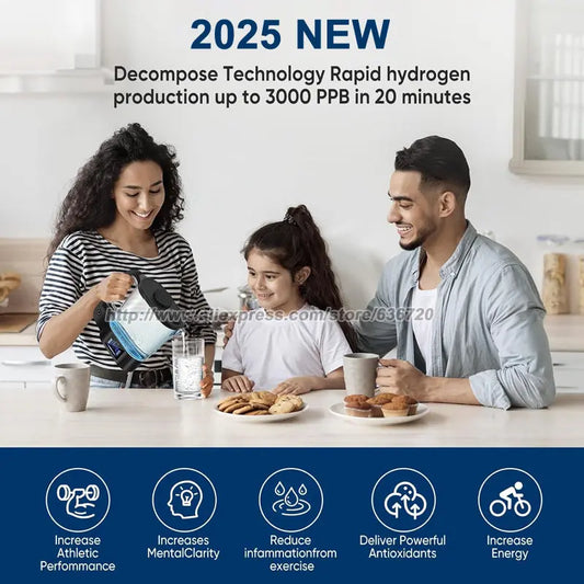 W102 Hydrogen Water Bottle Generator 64 Ounces Hydrogen Water Ionizer Pitcher Generator Machine with PEM Concentrator Technology.