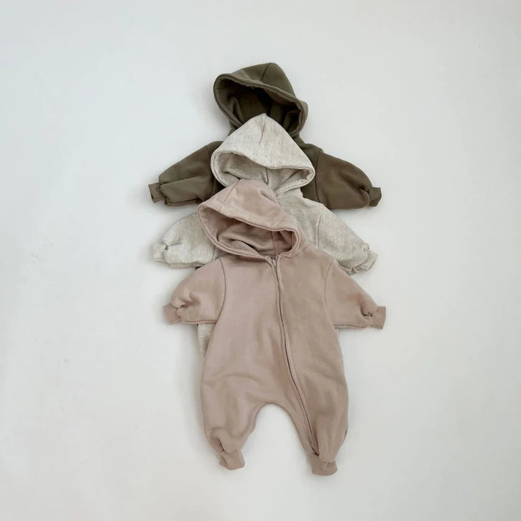 2024 Baby Kapuze Reiß verschluss Bodysuit Neugeborene Jungen und Mädchen Bergsteiger Anzug einfarbig Bodysuit Long Fit Sport Kletter anzug