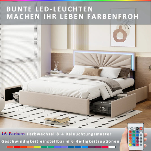 Lazyspace Beige-Leinen-Polsterbett, Doppelbettrahmen, Stauraumbett mit 4 Schubladen und höhenverstellbarem Kopfteil mit RGB-LED