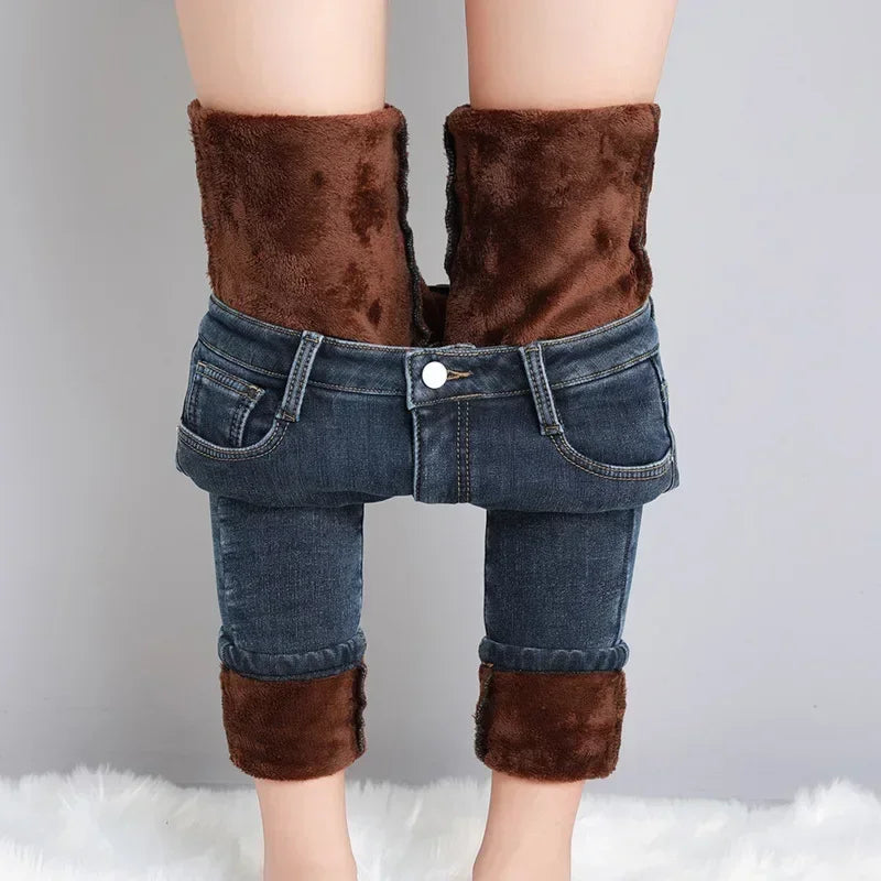 Frauen Thermische Dünne Jeans Mom Winter Warme Plüsch Stretch Jeans Dame Fleece Schnee Denim Hosen Student Bleistift Gerade Bein Hosen