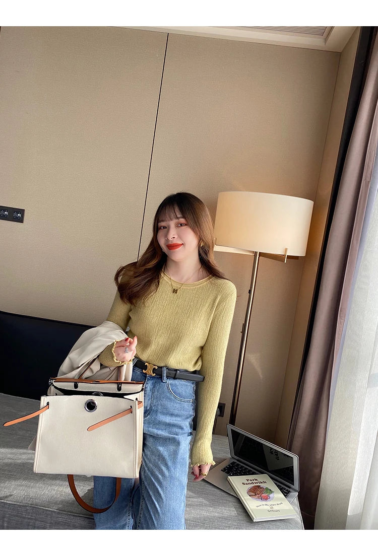 2025Oansatz Rippen Langarm Koreanische Dünne Weibliche Pullover Frauen Pullover Stricken Weiche Jumper Tops Geraffte Herbst Winter Tops