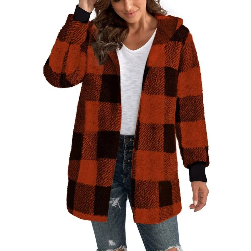 Frauen Herbst Winter Doppel Fleece Plaid Strickjacke Weiche Lose Lange Hülse Plüsch Warme Mit Kapuze Jacke Weibliche Patchwork Oberbekleidung Mantel