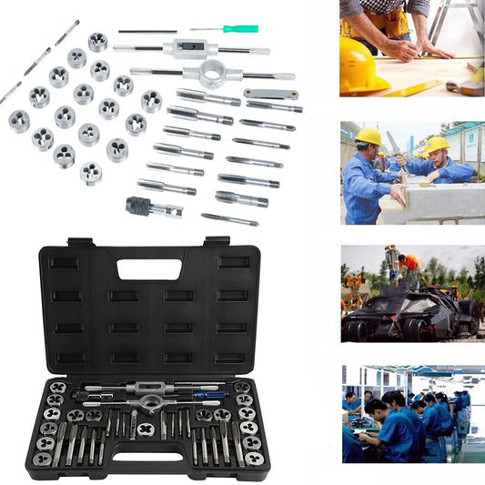 40-teiliges Gewindebohrer- und Matrizenset M3-M12 Schraubenmutter mit Schraubenschlüsseln und Gewindelehre, wärmebehandelt 45 # Stahlhähne, Matrizen aus legiertem Stahl, Handwerkzeuge