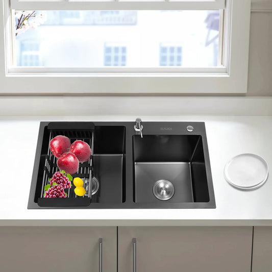 Schwarzer Wassertank, spritzwassergeschützt, schwarzes King Kong-Doppelwaschbecken, langlebig, mit Start- und Seifenspender