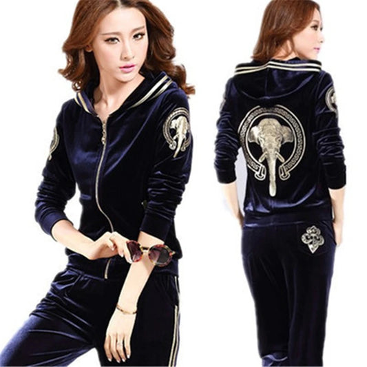 Korean Print Velvet 2 Piece Set Casual Hooded Women Outfit Harem Pant Suits Tracksuit Velour Jogging Femme Spring Fall Conjuntos.