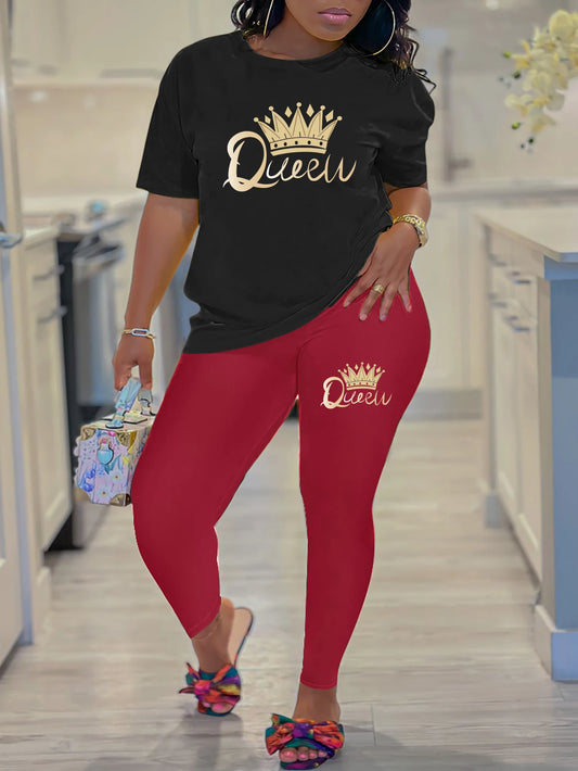 2024 New Summer Women's Printed Comfortable Casual Set 2 piece sets women outfit pants set queen letter printed Short Sleeve Top.