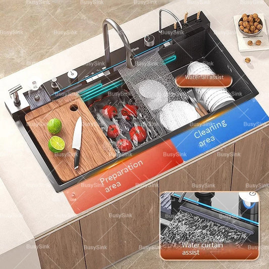 Wasserfall-Küchenspüle aus Edelstahl mit Digitalanzeige, extra große Einzelschüssel, multifunktionales Gemüsewaschbecken für den Haushalt