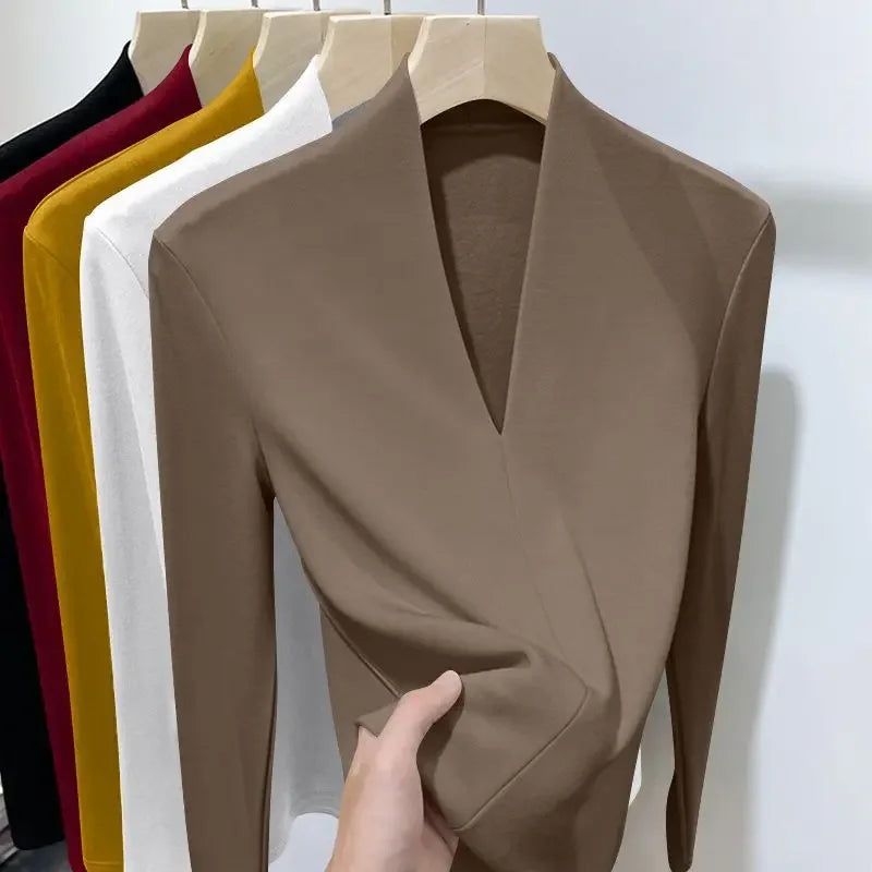 Herbst Winter Neue T-Shirts Frauen Solide V-ausschnitt Plus Samt Verdicken Warme Mode Langarm Schlank Pullover Bodenbildung Shirt Tops