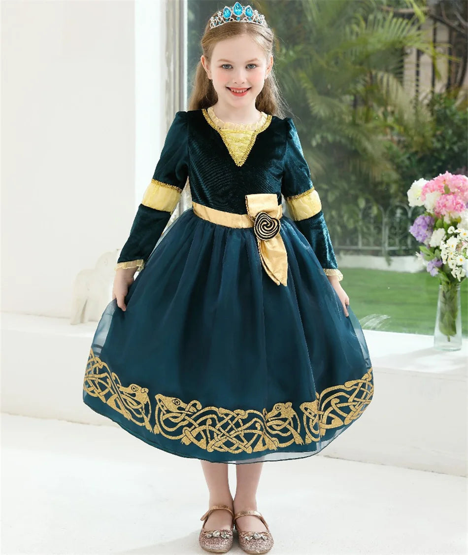 Girls Merida Cosplay Princess Dress Children Stage Performance Clothes Kids Halloween Carnival Party Long Sleeves Outfits