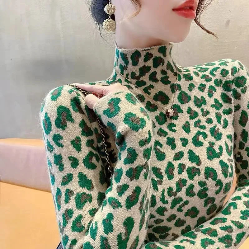 Herbst Winter Mode Alle-spiel Leopard Print Pullover Frauen Kleidung Elegante Dünne Halb Hohe Kragen Langarm Pullover Y2k top
