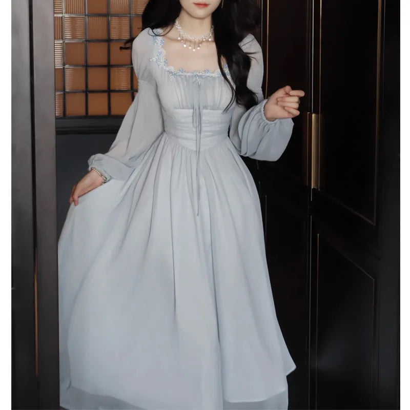 2024 Französisch elegante Prinzessin Abend party Midi Kleider für Frauen A-Linie schlanke Bandage Langarm Vestidos koreanische Frühlings kleidung