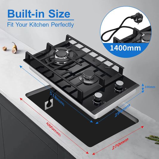 EU Certified 2 Burner Gas Hob 30cm Tempered Glass | Built-in w/Cast Iron Rack Dual Fuel (NG/LPG) 5200W Flame Failure Black.