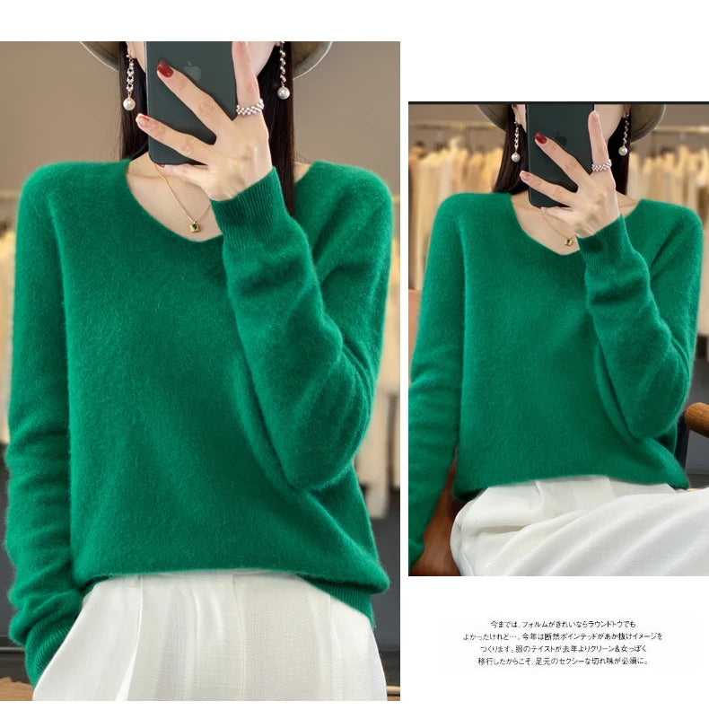 2024 100% Merino Reine Wolle V-ausschnitt Herbst Und Winter Pullover Pullover Neue Kaschmir Pullover frauen Beiläufige Gestrickte Top DMR201