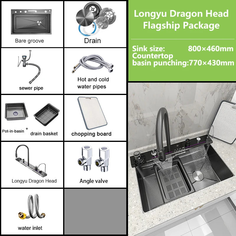 100 x 50 cm Edelstahl-Wasserfall-Küchenspüle, extra große Einzelschlitz-Digitalanzeige, multifunktionale Geschirrspülbecken