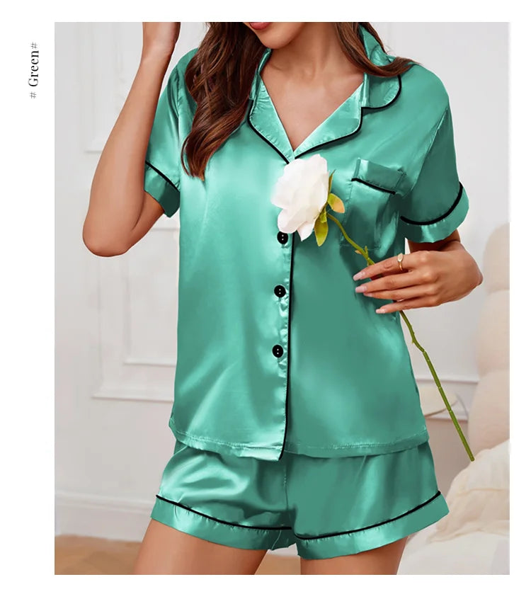 Sommer-Pyjama-Set aus Seidensatin für Damen, Oberteil und Shorts mit Knopfleiste, 2-teilig, Nachtwäsche, gekerbter Kragen, Nachtwäsche, Loungewear für Damen