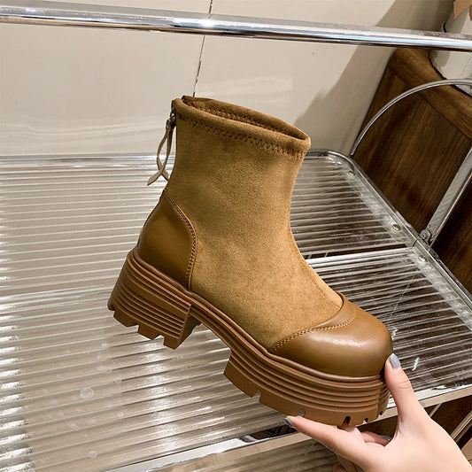 Vintage Platform Splicing Woman Ankle Boots Design Back Zippers Thick Sole Shoes 2025 Autumn Winter Short Botas Para Mujer.