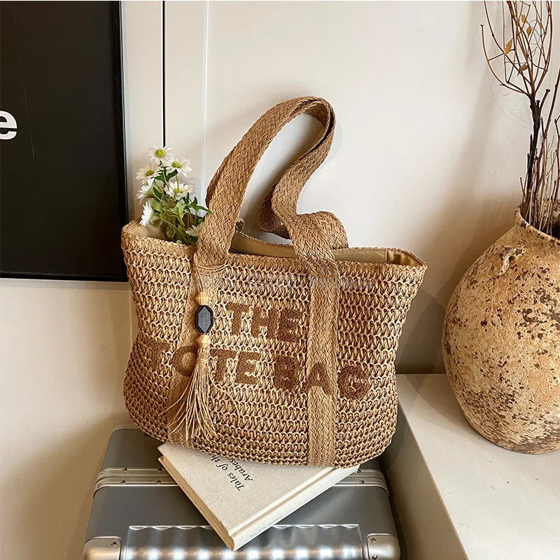 Summer Fashion Women's Large Capacity Shoulder Bag Straw Woven Bag Letter Embroidery Handbag Casual Female Tote Bag Beach Bags