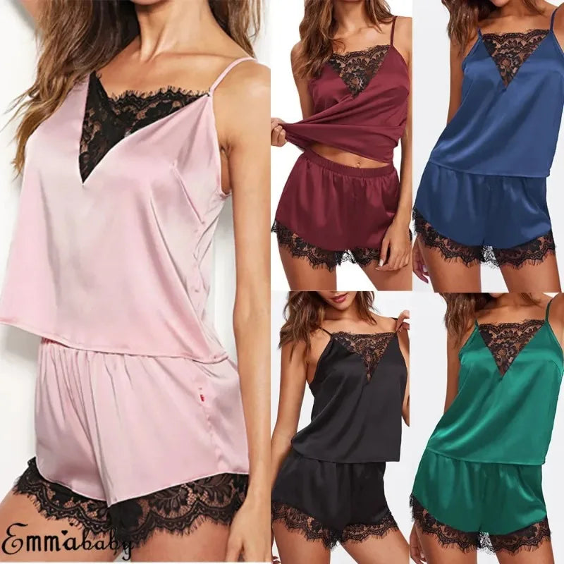 Frauen Eis Seide Pyjama Nachtwäsche Pyjama Set Nachthemden Nachthemd Leibchen Shorts schwarz rot l xl Spitze lässig sexy glatt 파자