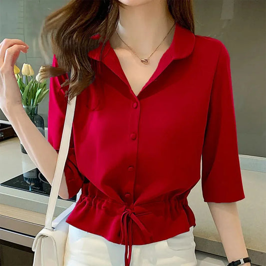 Summer Women All-match Solid Turn-down Collar Half Sleeve Chiffon Shirt Fashion Casual Shirring Single-breasted Blouses Female.