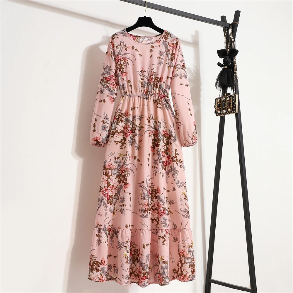 Frühling Sommer Frauen Maxi Kleider Casual Volle Hülse Floral Gedruckt Oansatz Frau Bohe Strand Party Lange Kleid Mujer Vestidos