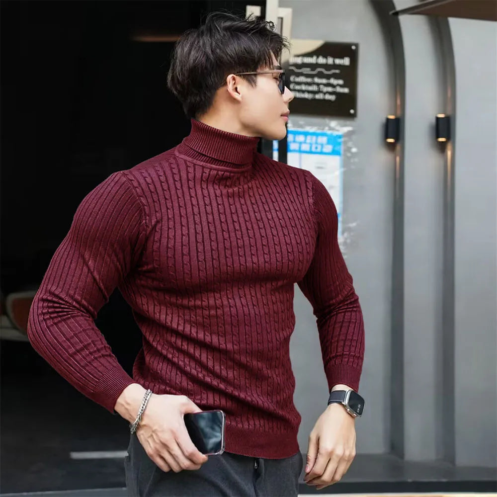 New Men's Turtleneck Sweaters Autumn Knitted Striped Streetwear Warm Long Sleeved Pullover Solid Color Basic Style Casual Tops.