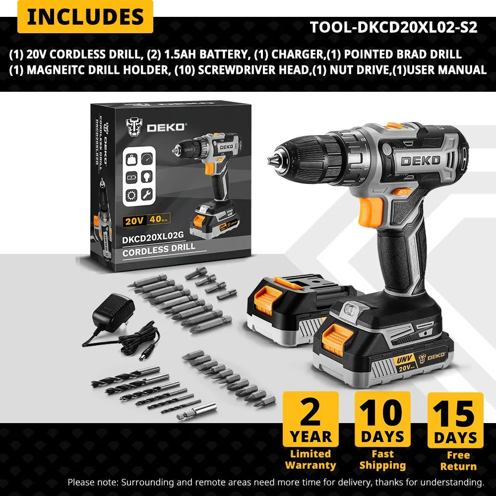 Die 20-V-Akku-Bohrmaschine von DEKO verfügt über zwei Wechselgeschwindigkeiten. 18+1 Drehmomentschraubendreher. 29-teiliges Bohrset mit 1,5-Ah-Akku und Ladegerät