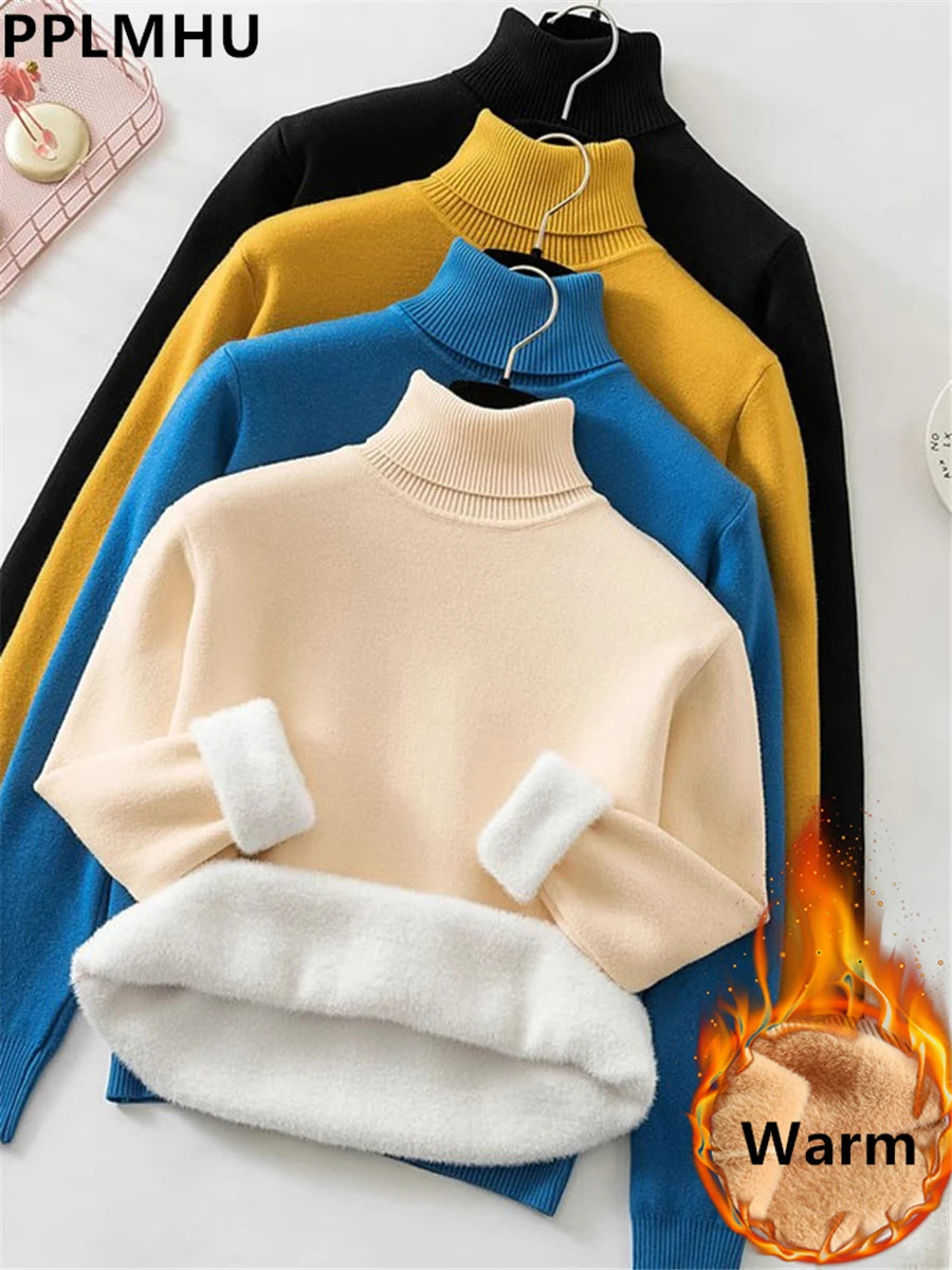 Pullover Für Frauen Winter Verdicken Rollkragen Schlank Stricken Pullover Neue Warme Plüsch Samt Gefüttert Strickwaren Jumper Tops Casual Poleras