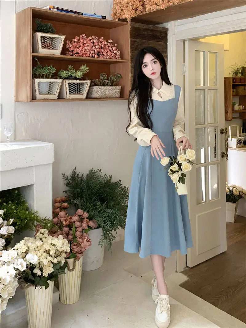 Solide Patchwork Vierkant hals Langarm gefälschte zweiteilige Kleider elegante Mode Harajuku weibliche Kleidung lässig alle Match Rock