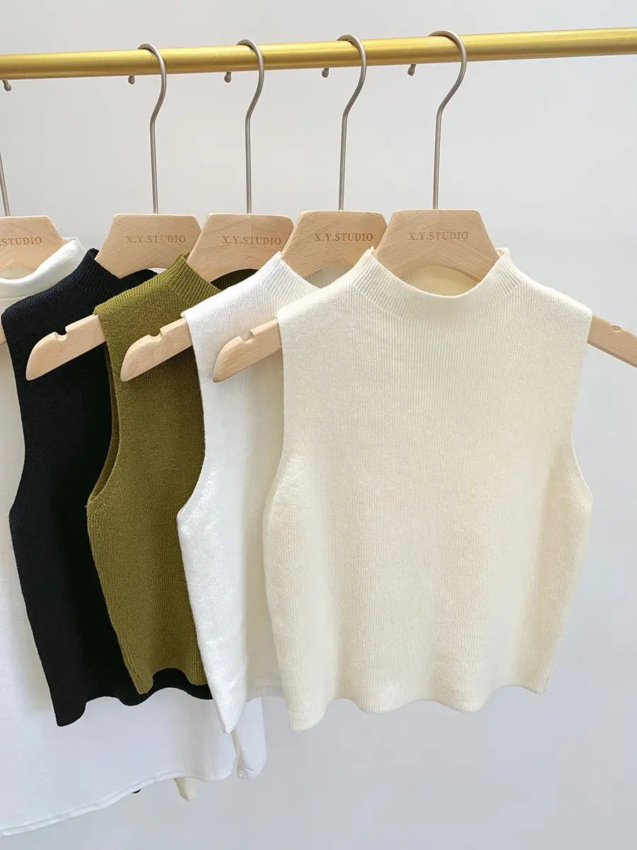 Frühling Herbst Temperament Gestrickte Pullover Weste frauen Hälfte-rollkragen Leibchen Cropped Top Ärmelloses Tank Top
