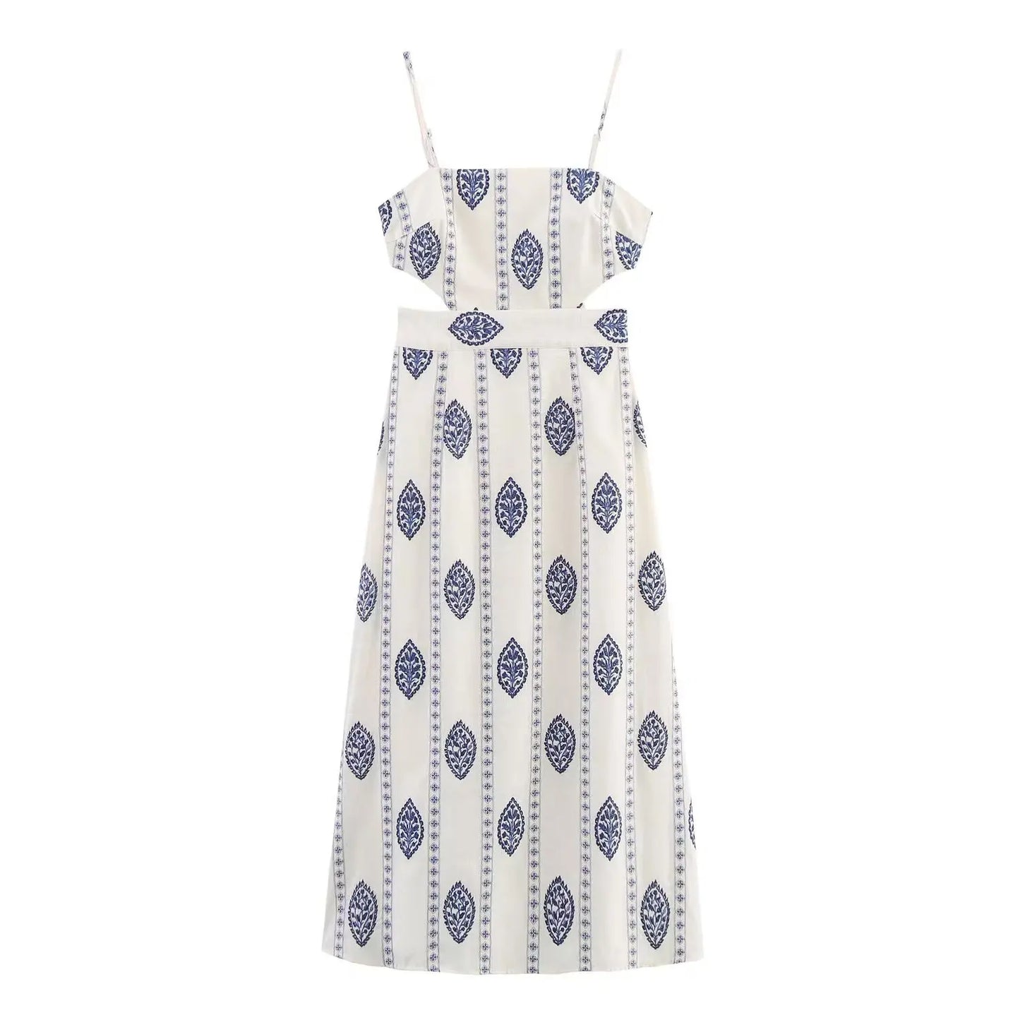 ZBZA Frauen Sexy Gedruckt Rohr Schlinge Lange Kleider Retro Taille Hohl Ärmelloses Abend Dünnes Kleid Weibliche Sommer Chic Street Party