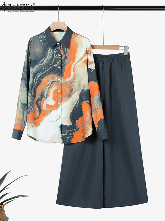 ZANZEA Fashion Women Two Pieces Sets Long Sleeve Lapel Shirt Wide Leg Pant Sets 2PCS Holiday Outfits Casual OL Work Tracksuits.