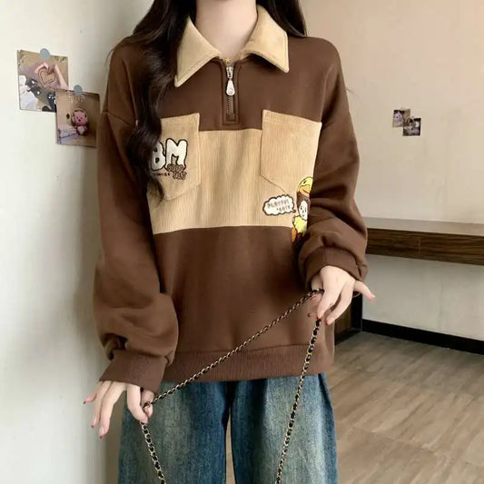 Oversized Autumn Winter Casual Printing Turn-down Collar Long Sleeve Sweatshirts Female Preppy Style Cartoon Loose T-Shirts Tops.