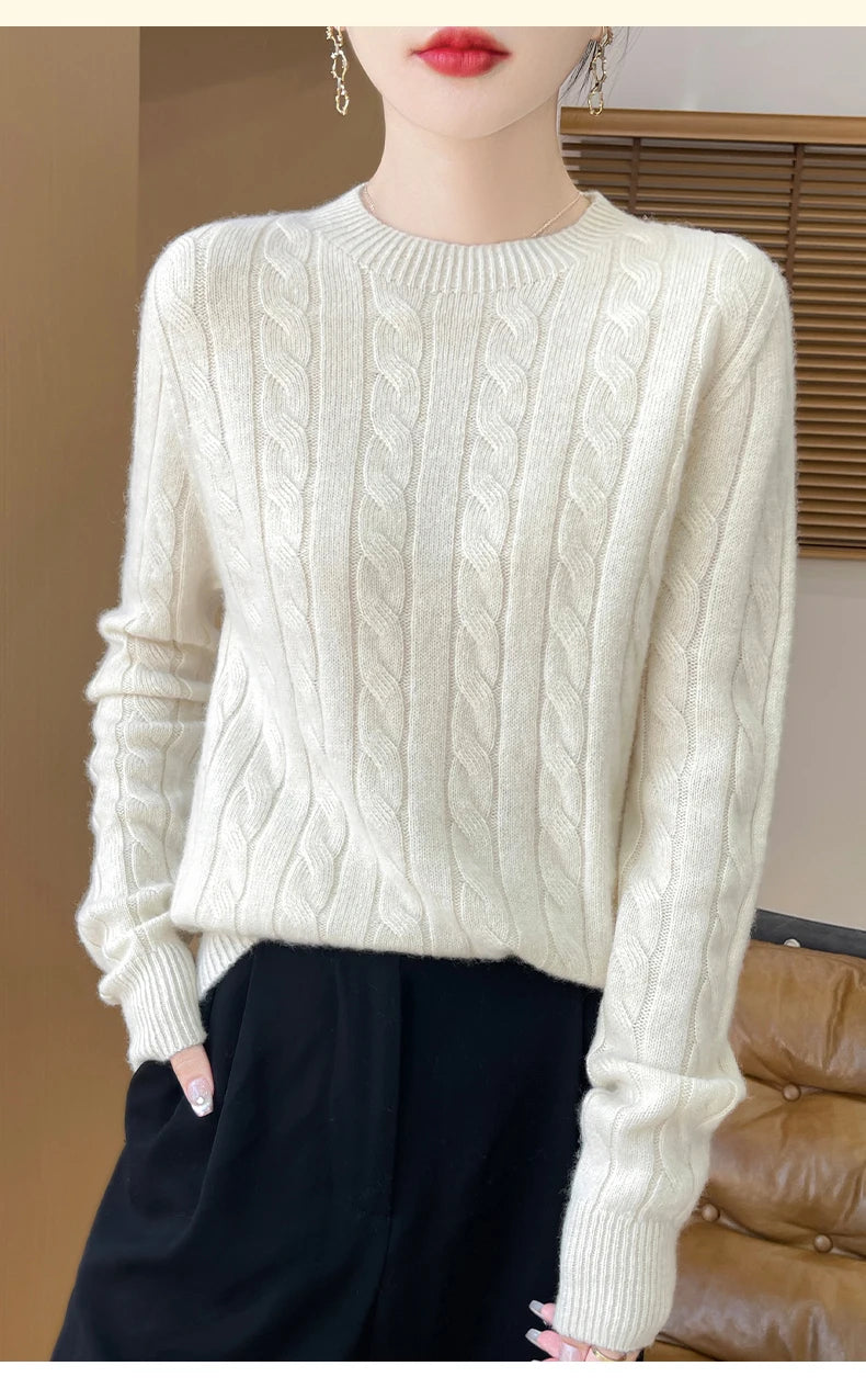 Frauen 100% Merino Wolle Verdickung Pullover Oansatz Gestrickte Twisted Pullover Herbst Winter Kaschmir Langarm Kleidung Basis Tops