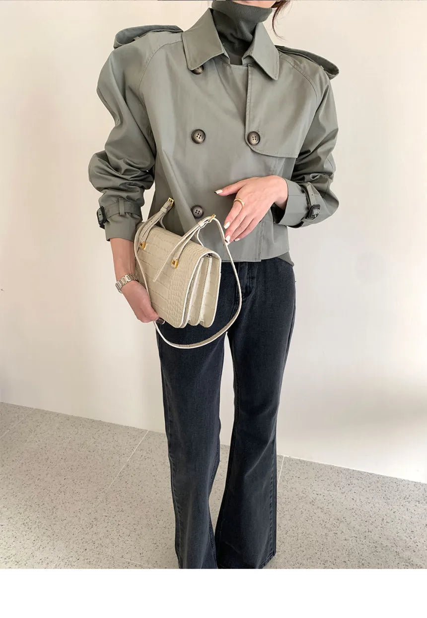 Vintage Zweireiher Graben Jacken Frauen Lose Chic Büro Dame Crop Tops Herbst Weibliche Mäntel Alle-spiel Lose Windjacke