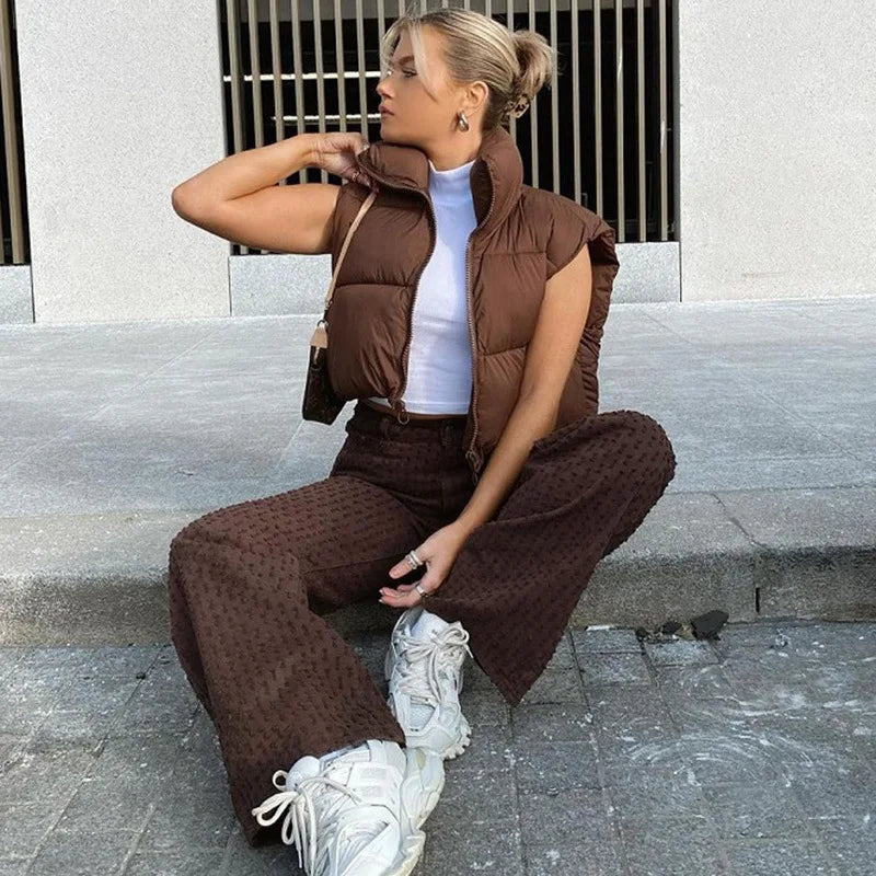 Herbst Winter Kurze Baumwolle Weste Elegante Solide Zipper Ärmel Stehkragen Warme Stepp Weste Mäntel Reise Jacke Im Freien