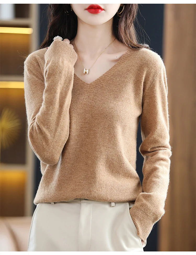 Herbst Winter Frauen Pullover 2025, Koreanische Mode Strickwaren Warme Lange Hülse V-ausschnitt Stricken Pullover Slim Fit Bodenbildung Shirt Jumper
