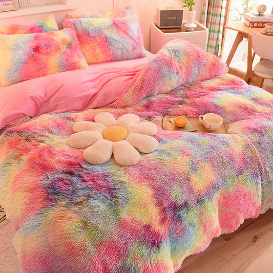 3Pcs Super Shaggy Coral Fleece Warm Cozy Princess Bedding Set Mink Velvet Duvet Cover Set Bed Comforter Cover Blanket Pillowcase.