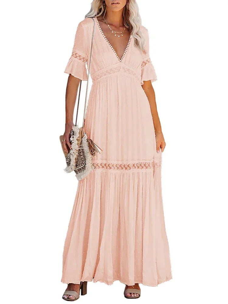 Spitze Splice Maxi Party Kleider Frauen Tiefem V-ausschnitt Sexy Lange Pareo Weibliche Flare Hülse Weißes Kleid Tanz Tragen Kostüm